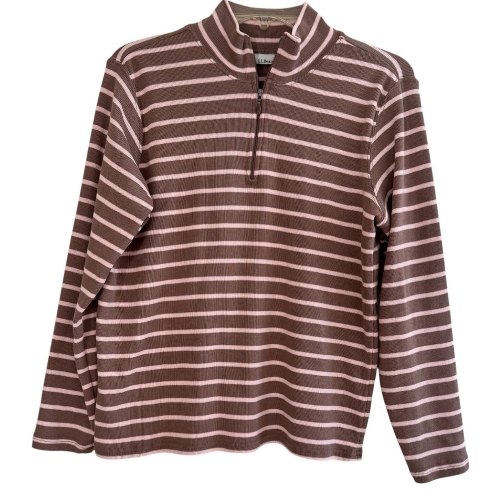 L.L. Bean Tan Pink Striped Pullover Top Tee 1/4 zip Mock Long Sleeve Cotton LP